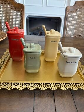 Four Longaberger stoneware condiments jar set with lids and spoons